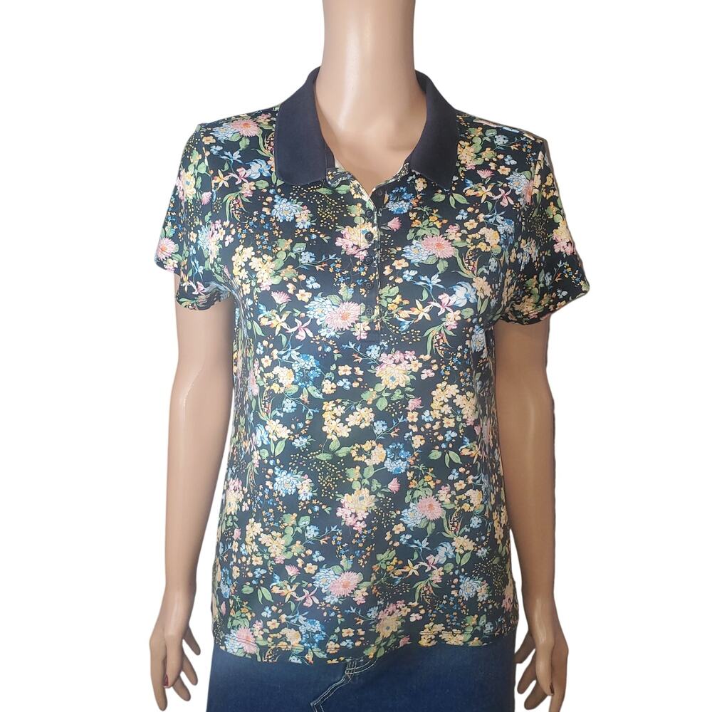 Lands’ End Women M Petite Floral Polo Shirt Short Sleeve Pima Cotton Top Preppy